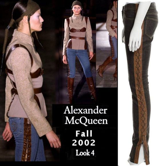 ALEXANDER MCQUEEN Vintage Denim Jeans w/ Leather Lace Up Sides